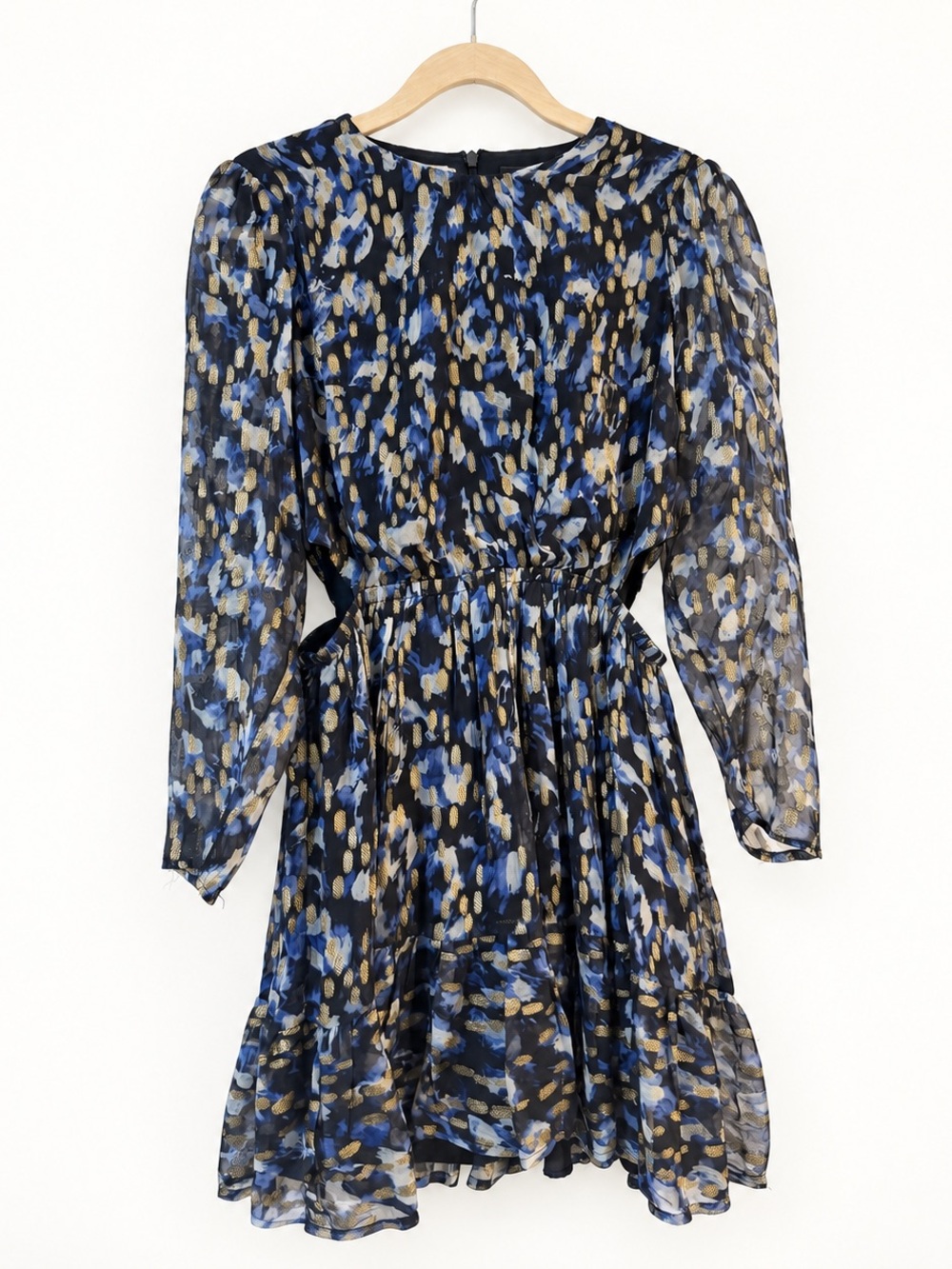 Blue and Black Printed Long-Sleeve Skater Dress